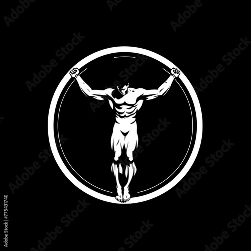 A muscular gymnast performing an aerial ring routine is depicted in a striking white silhouette against a black background, suggesting a minimalist and powerful logo design.