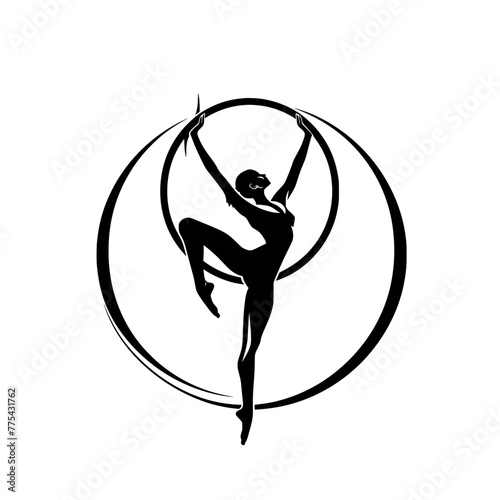 A muscular gymnast performing an aerial ring routine is depicted in a striking white silhouette against a black background, suggesting a minimalist and powerful logo design.