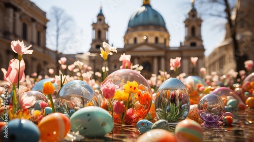 Festive Easter egg hunt in a vibrant city square