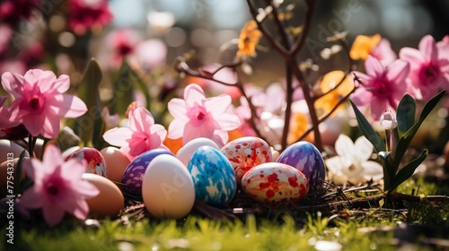 Festive Easter egg hunt in a lush garden with hidden surprises photo