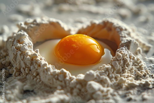 Egg in heart shaped hollow made in white flour, generative ai