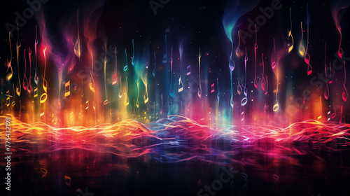 Abstract Digital Art with Music Notes and Waves