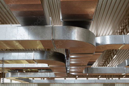 Ventilation ducts under ceiling. Air purification system. Square ventilation duct. Engineering communications in industrial building. Air-conditioning ducts. Aluminum ventilation utilities. 3d image