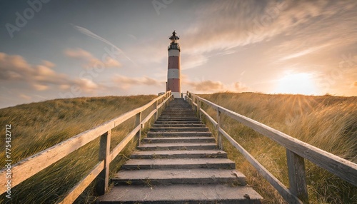 stairs towards the lighthouse of the frisian island of vlieland the frisian islands also known as the wadden islands or wadden sea islands form an archipelago at the eastern edge of the north sea photo