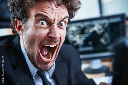Angry businessman yelling at camera with intense expression, wearing a suit