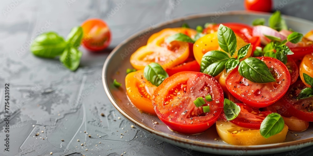 A plate of tomatoes and basil is on a table A plate of tomatoes and basil is on a table
