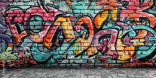 A colorful graffiti wall with the word  peace  written on it. The wall is made of bricks and has a lot of different colors