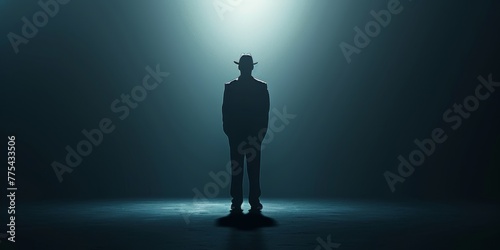 A man in a hat stands in a dark room. The room is lit by a spotlight, which casts a shadow of the man on the wall