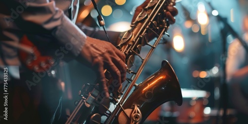 A man playing a saxophone in a dimly lit room. Scene is calm and relaxed photo