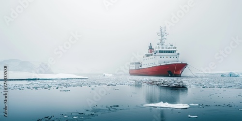 A large red ship is docked in the water near a large ice field. The scene is cold and desolate, with the ship being the only sign of human activity in the area