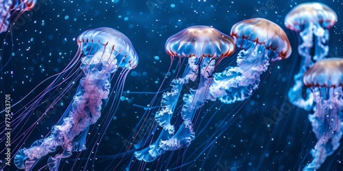 A group of jellyfish are swimming in the ocean. The jellyfish are blue and pink