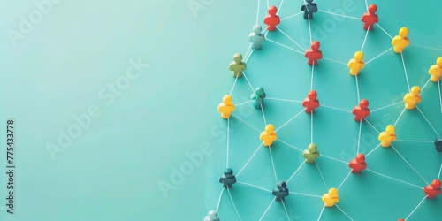 A colorful network of people is connected by pins. Concept of a diverse group of individuals coming together and forming a strong bond. Scene is positive and uplifting