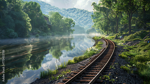 The setting is a tranquil landscape with a train track running alongside a calm river.