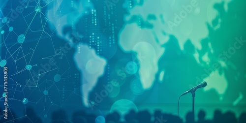 A microphone is on a microphone stand in front of a globe. The globe is surrounded by a network of lines, and the microphone is the only object in focus. Concept of global connectivity photo