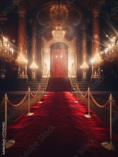 Red carpet in the light of golden spotlights. award and VIP party. velvet carpet. award and victory in cinema or music