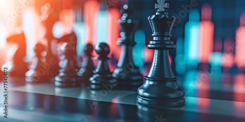A black chess piece is on a chess board with a colorful background. The chess piece is the king and is surrounded by other pieces. The colorful background gives the image a lively and dynamic feel