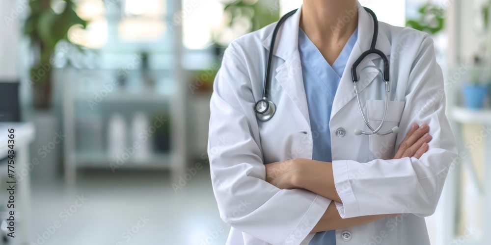 A woman in a white lab coat stands in a room with a stethoscope around her neck A woman in a white lab coat stands in a room with a stethoscope around her neck