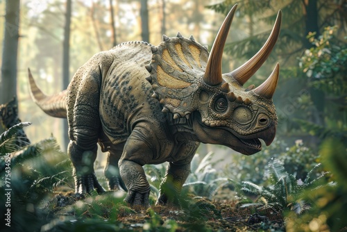 Three-horned Triceratops Dinosaur Walks in a Prehistoric Forest © Nikki AI
