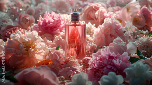 a bottle of perfume in a large number of fresh flowers