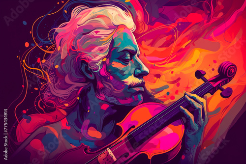 Bright and expressive portrait of man with a violin. Image of musician