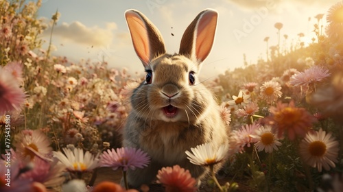 Playful Easter bunny hopping through a field of flowers