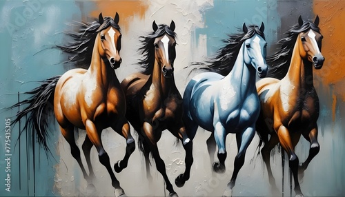 Horses  animals  a textured background  metal elements in a modern abstract artwork...