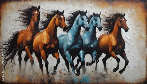 Horses, animals, a textured background, metal elements in a modern abstract artwork...