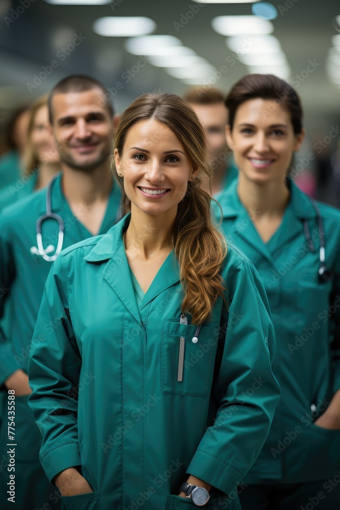 Cheerful doctors team wearing green uniform in clinic hall