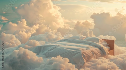 A bed in the soft vanila dream clouds. A good dream concept. photo