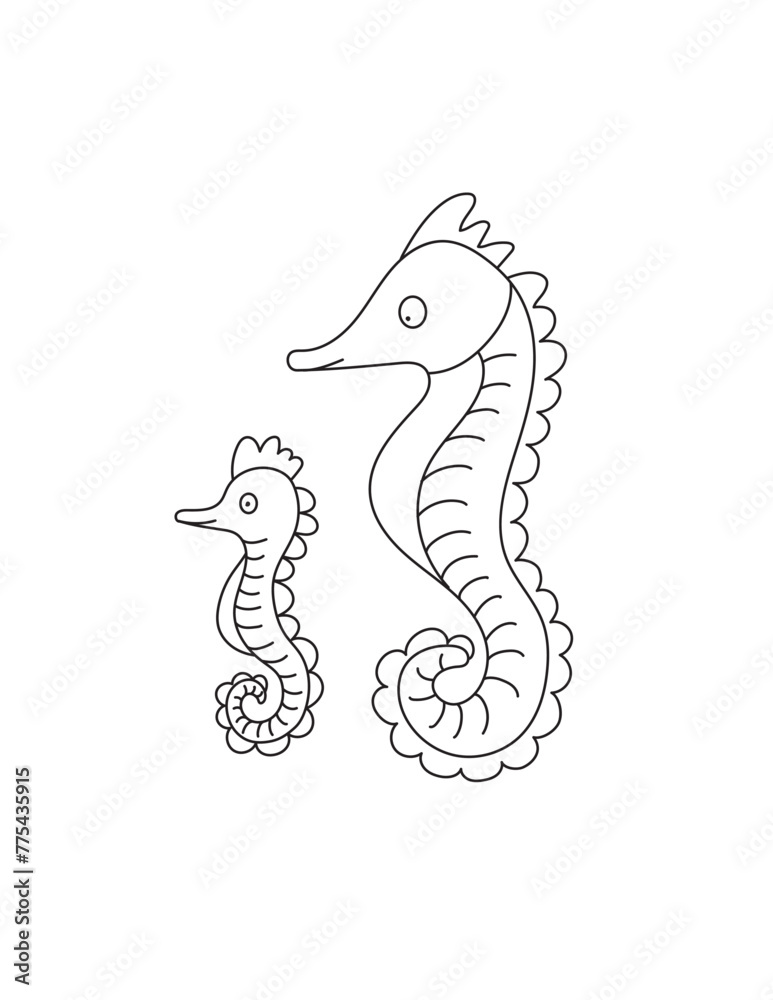Obraz premium Sea Horses Coloring Page for Print. Underwater animals and Ocean Life Creatures.