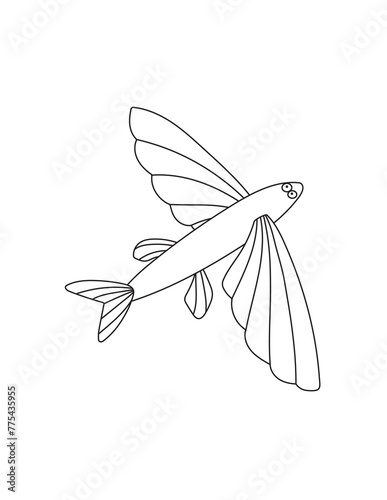 Flying Fish Coloring Page for Print. Underwater animals and Ocean Life Creatures.
