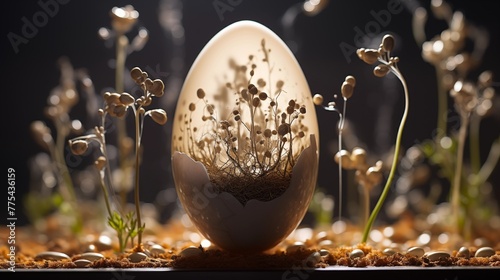 Time-lapse of a seed sprouting and growing into a flowering plant inside an Easter eggshell