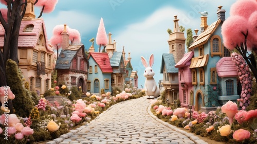 Whimsical Easter bunny village with cobblestone streets and flower-filled gardens