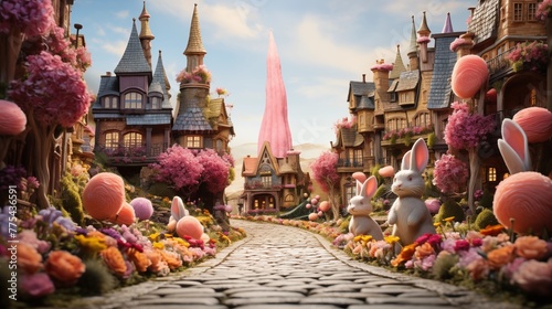 Whimsical Easter bunny village with quaint cottages and shops