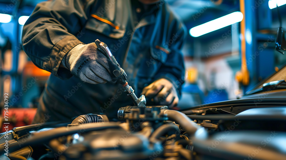 A mechanic diligently working on a car in a bustling auto repair shop, wearing coveralls and wielding a wrench as they inspect the engine or perform maintenance tasks