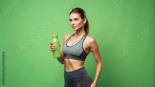 woman in gym clothes isolated on green background holding squeeze bottle
