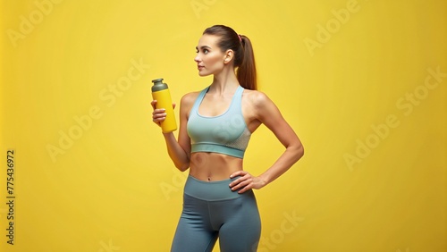 woman in gym clothes isolated on yellow background holding squeeze bottle