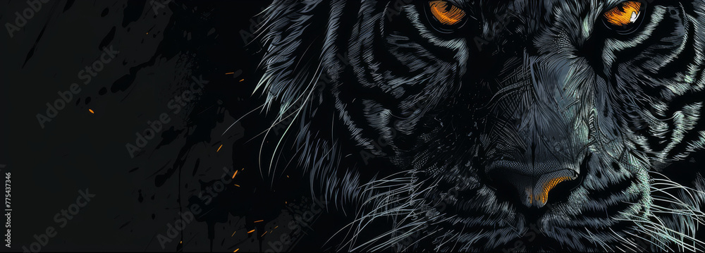 Close-up of a tiger's face on a black background with orange eyes on a white tiger's head on a black background Close-up of a tiger's face on a black background with orange eyes on a white tiger's head on a black background