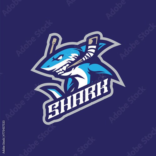 Shark mascot logo design vector with modern illustration concept style for badge, emblem and t shirt printing. Shark hockey illustration with stick.