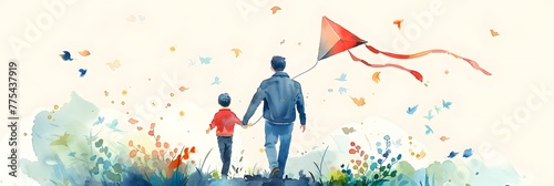 Fathers Day card with cute watercolor illustration of dad with son fly a kite and walking together, modern typography, holiday wishes. Father's Day templates for poster, cover, banner, social media photo