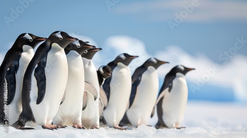 Group of penguins huddled together on an icy Antarctic landscape, with a crisp, clear blue sky, contrast of the penguins black and white feathers against ice created with Generative AI Technology