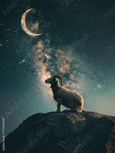 Eid Al Adha concept photo, Eid Mubarak greetings poster, goat and crescent moon with night sky and copy space - generative ai