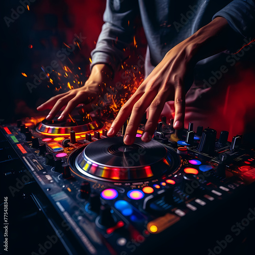 Close-up of a DJs hands mixing music. 