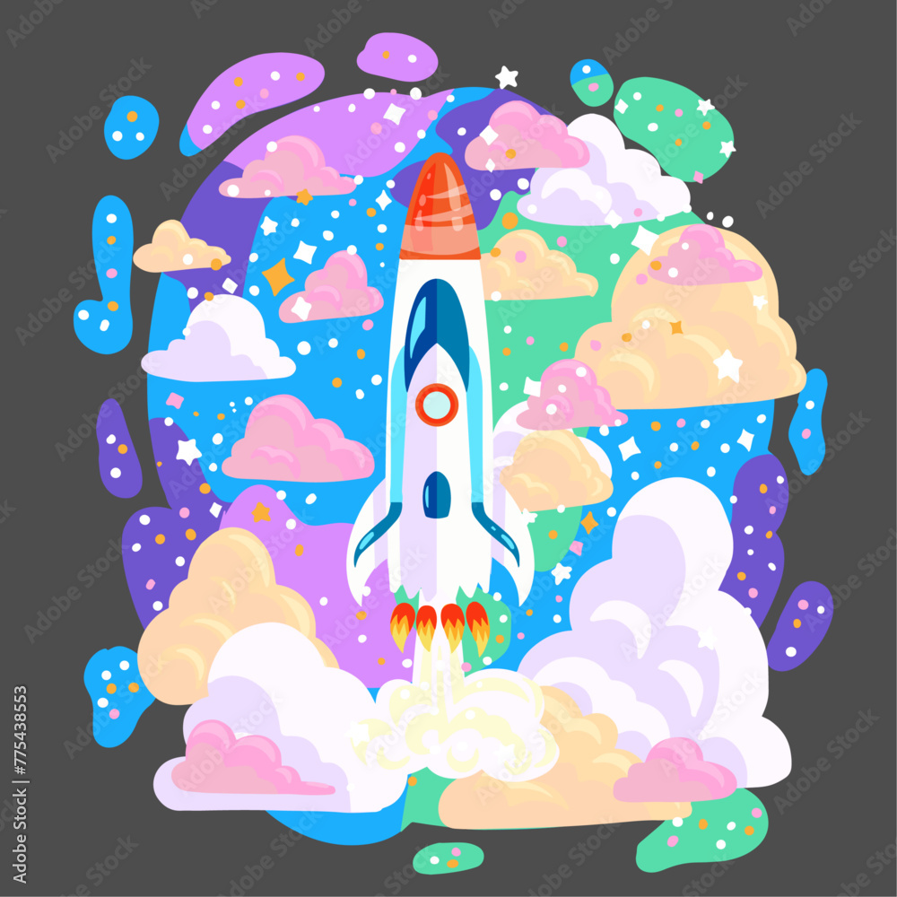 Spaceship rocket and cloudy sky, International day of human space flight vector illustration
