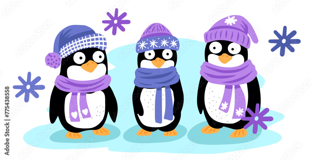 Obraz premium Penguins in a hat . Funny animals in flat illustration style