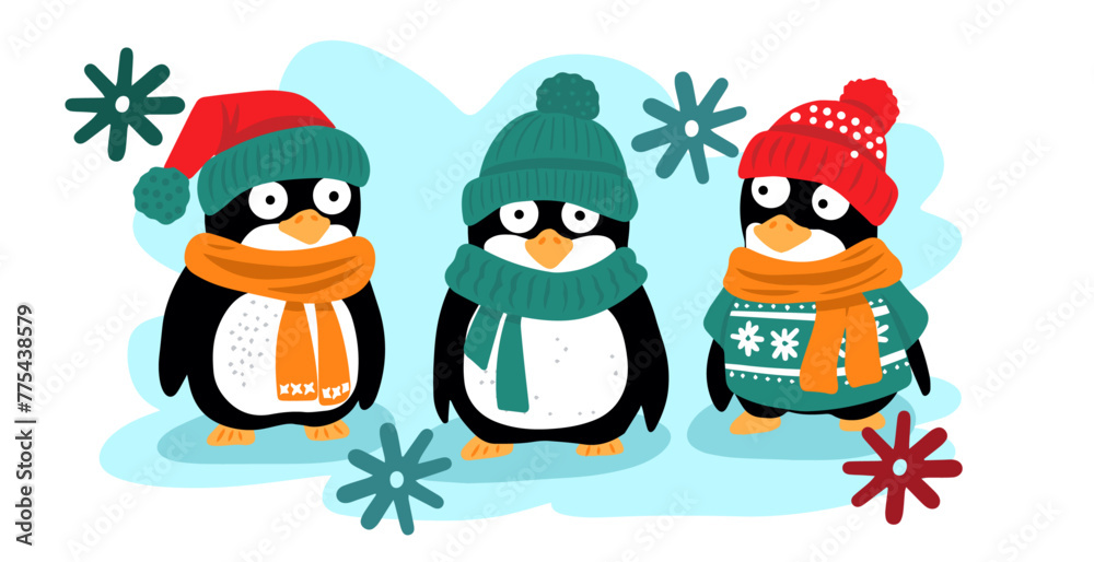 Penguins in a hat . Funny animals in flat illustration style