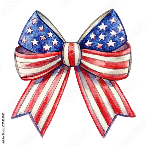 Patriotic Ribbon tie bow With American flag isolated on transparent background.