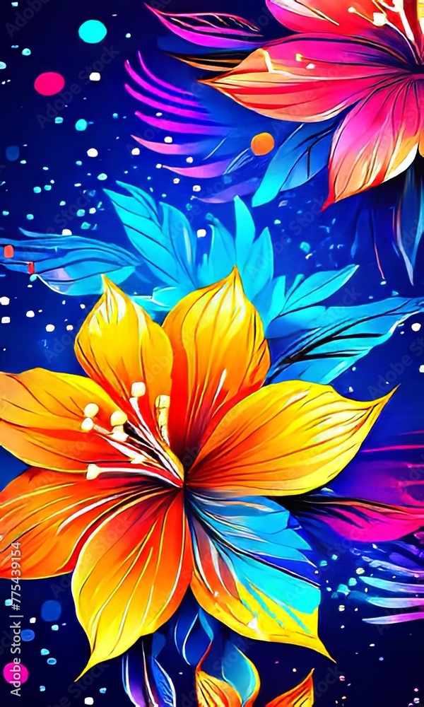 Vibrant flower painting set against dark backdrop. Bright colors of flowers pop out, creating visually appealing, captivating piece of artwork. For art, creative projects, fashion, style, magazines.