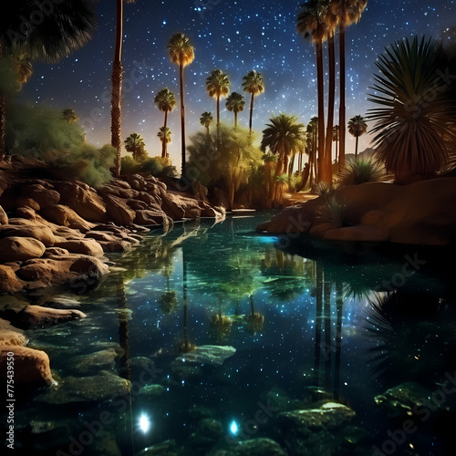 Desert oasis under a starry night sky. 