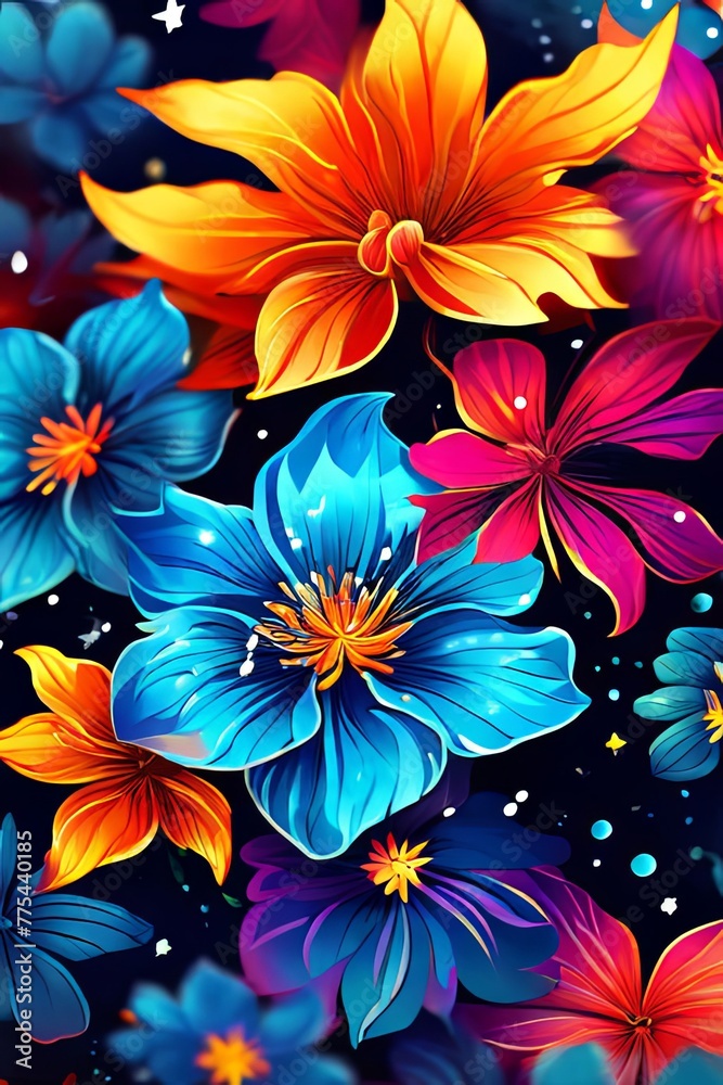 Bright colors of flowers pop out against black background, enhancing their beauty, making them focal point of image. For interior design, decoration, advertising, web design, as illustration for book.